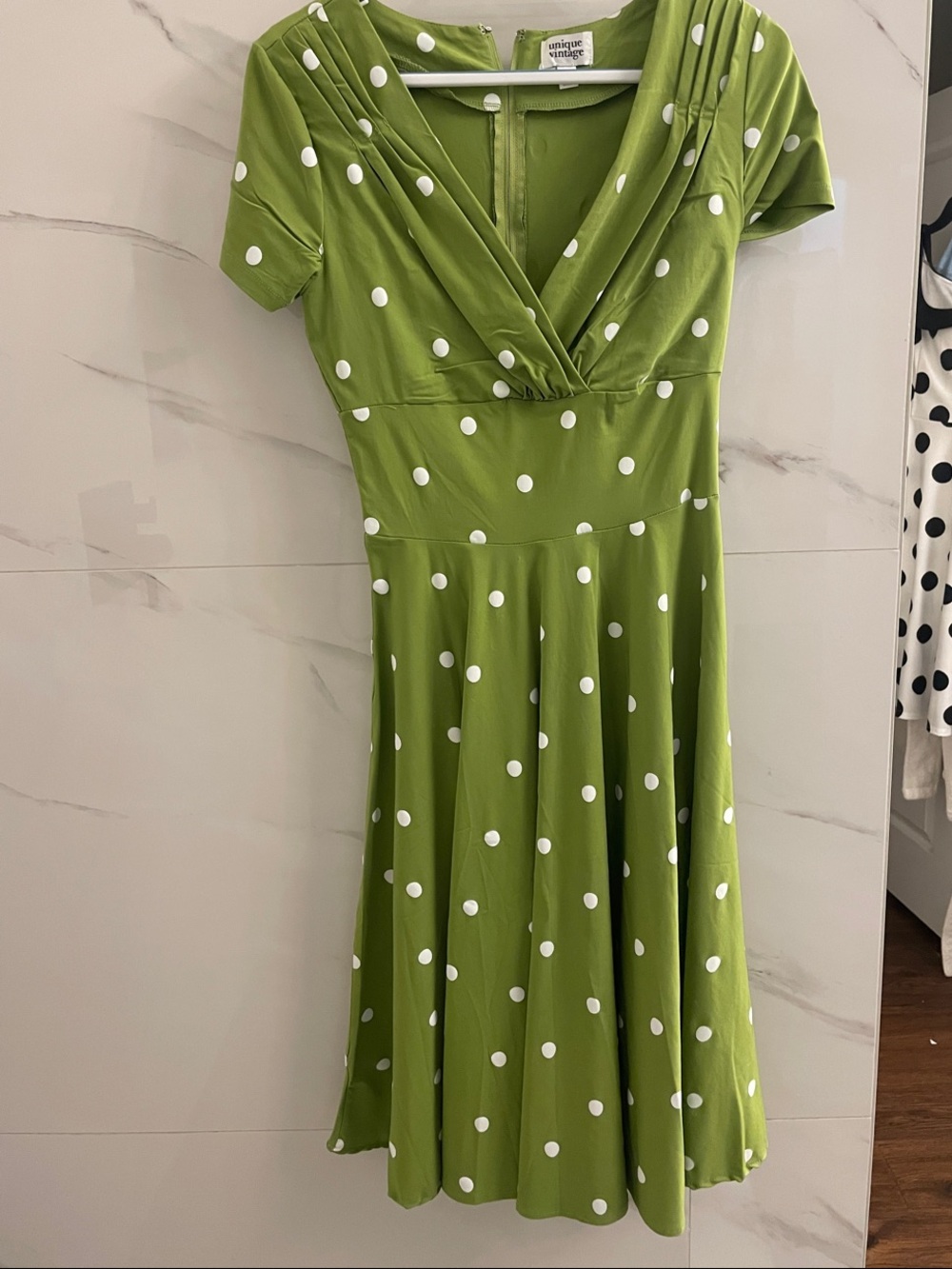 Unique Vintage Lime Green Polka Dot Wrap-Front Midi Dress